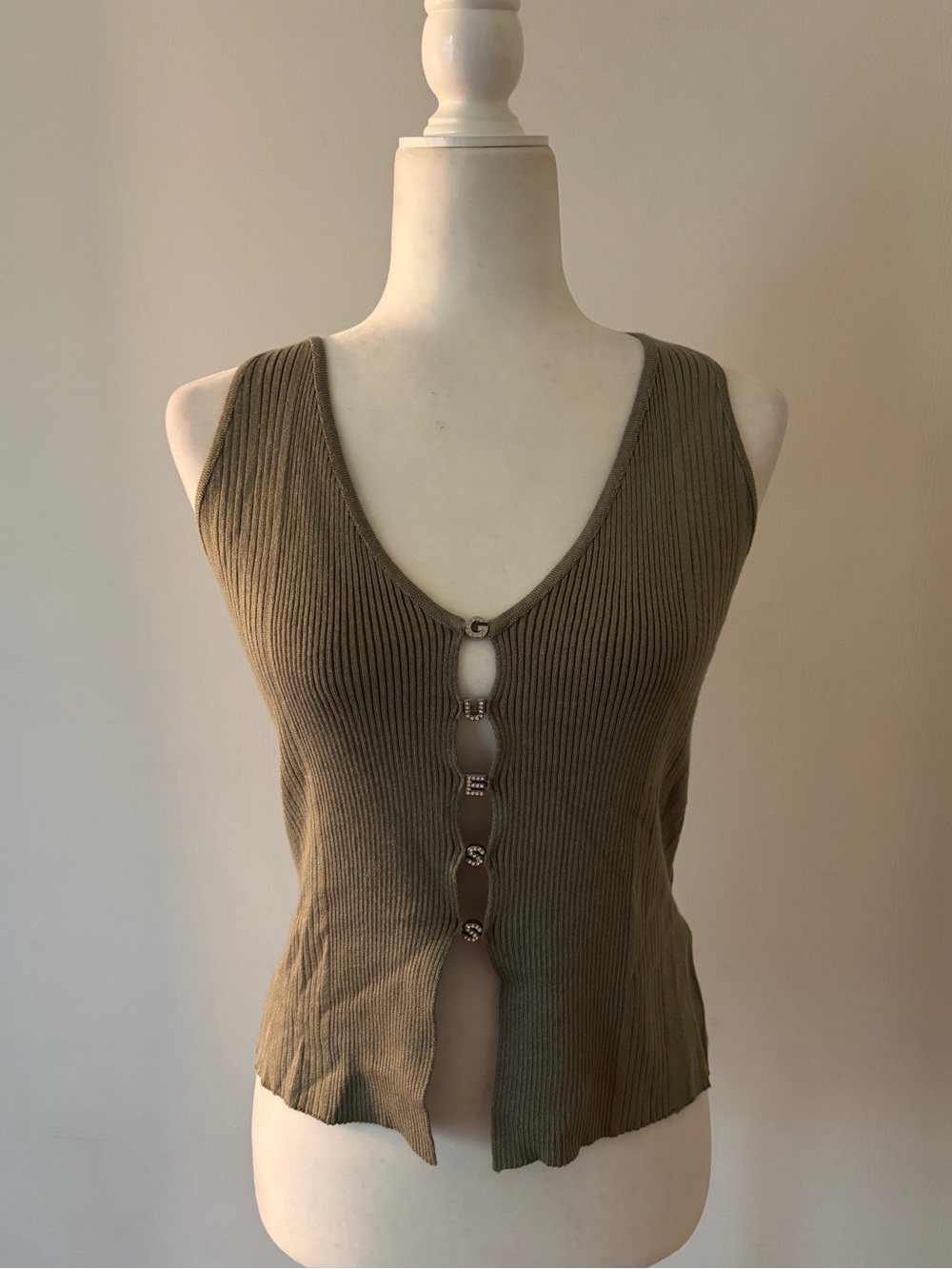 Guess Olive Ribbed V-Neck Tank with Branded Ring Buttons